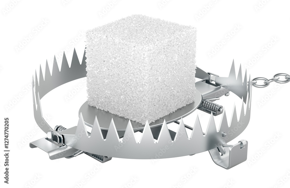Poster bear trap with sugar cube. sugar addiction, concept. 3d rendering isolated on transparent background