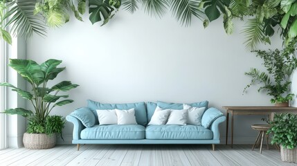 Cozy living room with blue sofa and indoor plants against a white wall for a tranquil ambiance