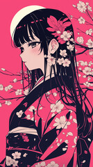 レトロジャパニーズスタイル｜黒髪少女と華やかな花のアートワーク。スマートフォン9:16のアスペクト比
