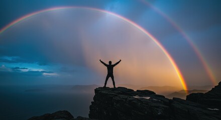 Person Standing on Cliff with Rainbow in Sky