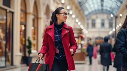 Obraz premium A fashionable woman strolls through an upscale shopping area, enjoying her day while carrying elegant shopping bags from exclusive boutiques