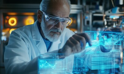 Portrait of a senior scientist analyzing data on a futuristic digital interface, advanced lab equipment glowing in the backgroun