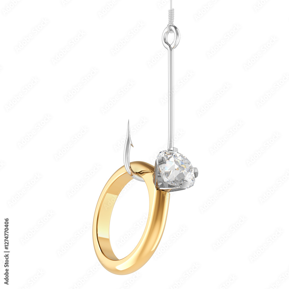 Poster hook with golden engagement ring with diamond, 3d rendering isolated on transparent background
