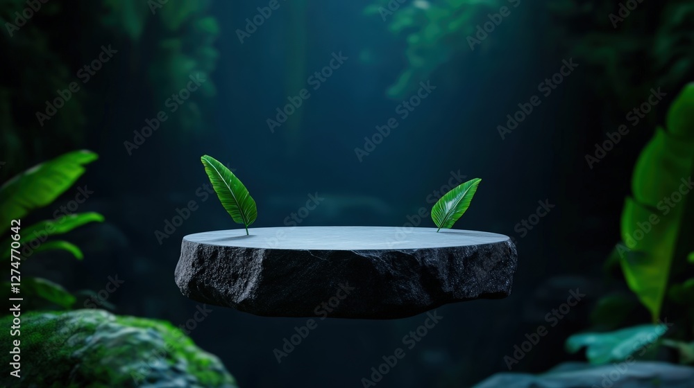 Poster a serene, mystical scene featuring a floating stone platform illuminated by soft light, with two vib