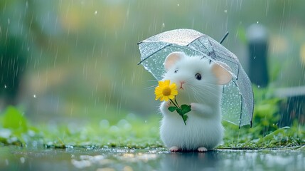 Adorable Mouse Under Umbrella in the Rain