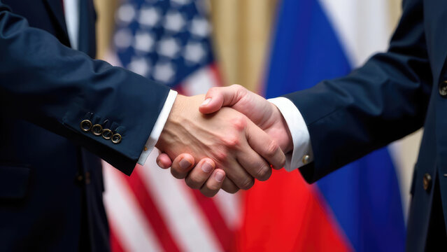 A handshake between two individuals in suits is seen against the backdrop of the American and Russian flags. Concept of cooperation. The concept of mutually beneficial cooperation 