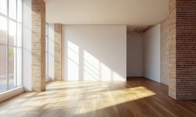 Empty Room with Brick Wall, Wooden Floor, and White Canvas