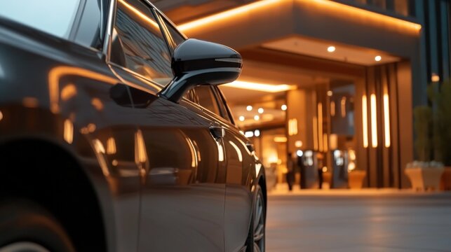 A taxi pulls up to collect a business traveler against a backdrop of illuminated city buildings at night, showcasing vivid reflections