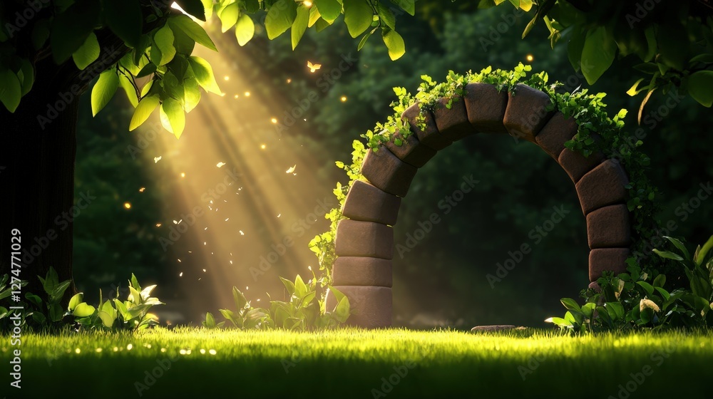 Poster a serene scene featuring a stone archway adorned with lush greenery, illuminated by gentle rays of s