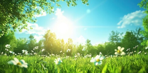 Fototapeta premium Sun Shines on Meadow with Wildflowers and Lush Green Grass with Summer Vibes