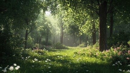 Fototapeta premium Sunlit forest meadow with blooming flowers and lush greenery in spring