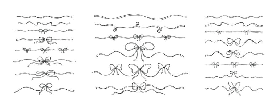 Set of bow ribbon set dividers, text separators, whimsical wavy borders. Hand drawn cute line doodle hand drawn elements. Vintage victorian filigree design elements. Wedding, bachelorette invitation