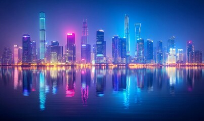 Fototapeta premium A vibrant cityscape at night is illuminated by the dazzling lights of skyscrapers reflecting off the calm water below.