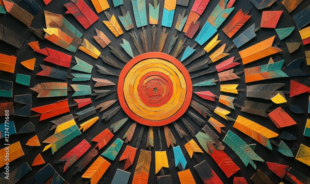 Aufkleber an intricate circular pattern of multi-colored paper icons with arrows arranged in concentric circle
