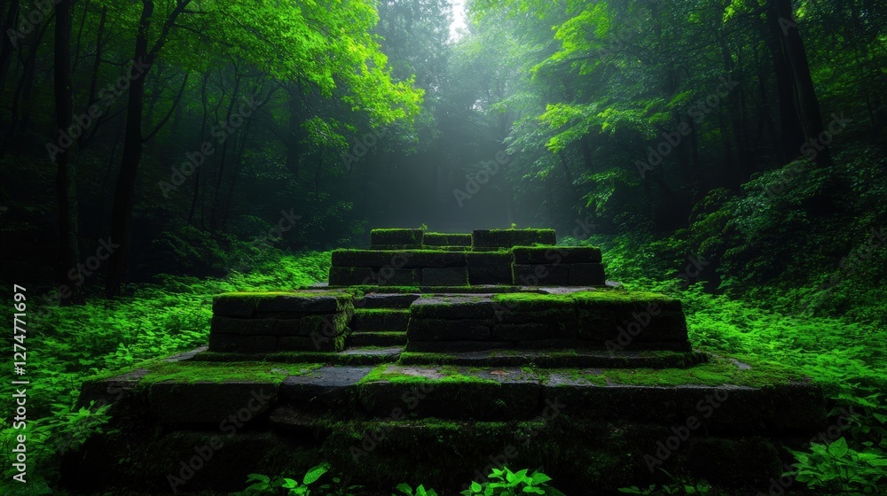 Poster a serene view of ancient stone steps engulfed in lush green foliage. the soft light filtering throug