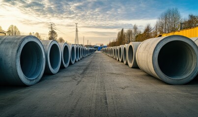 Rows of large concrete pipes stored in an outdoor industrial yard, industrial storage, construction materials logistics