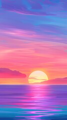 Painted Horizon: A vibrant painting of the sun setting over the sea, its radiant light reflecting on the water, creating a mesmerizing display of colors that evoke feelings of peace and serenity. 