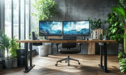 Professional workspace featuring dual monitors, a minimalist wooden desk, and bright natural light enhancing the clean aestheti