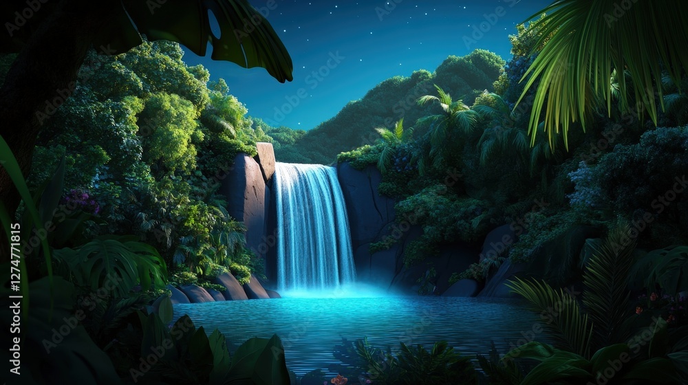Poster a serene waterfall cascading into a tranquil pool surrounded by lush greenery, illuminated by moonli