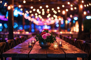 Rustic Table with Bokeh Light Effects and Neon Glow in a Colorful Evening Atmosphere