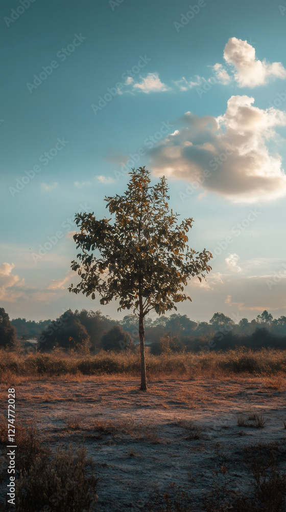 Aufkleber green tree growing in a field at sunrise with beautiful clouds and a clear blue sky in the backgroun