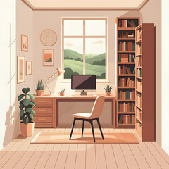 Minimalist home office interior with wooden desk computer bookshelves and large window overlooking green hills