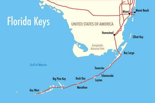 Vector Map of Florida Keys with Route 1 and Miami - Infographic Illustration