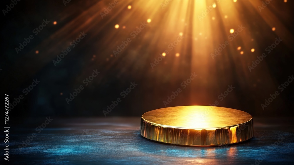 Poster a shining golden coin rests on a reflective surface with radiant beams of light illuminating the sce