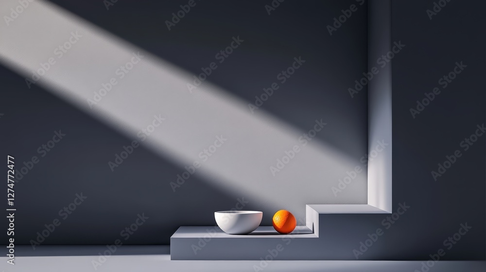 Poster a simple yet elegant still life composition featuring a white bowl and orange resting on a ledge, il