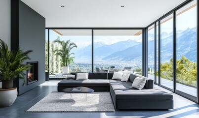 sleek contemporary house with open-plan living spaces large glass doors and a rooftop terrace overlooking the mountains