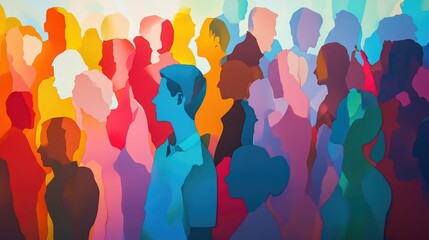 Unity in Color: A vibrant and diverse assembly of silhouettes, celebrating the beauty of unity and the richness of human diversity. This artwork embodies the spirit of inclusion and multiculturalism.