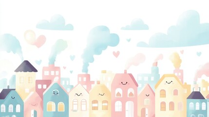 Fototapeta premium Watercolor illustration depicts a cheerful pastel colored cartoon town