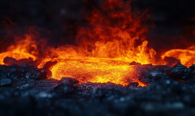 Close-up of molten metal glowing in a dark foundry, intense orange and red hues reflecting the heat and energy, industrial scene