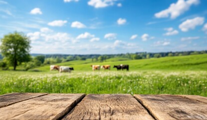 Blurred Cow Pasture With Wooden Table In Foreground Under Blue Sky