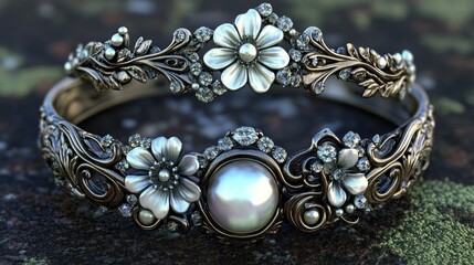 Floral Pearl Bracelet Design, Moss Background
