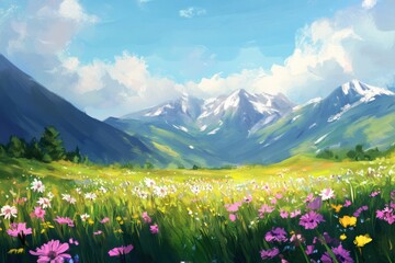 Obraz premium Vibrant wildflowers bloom in a sunny mountain valley.