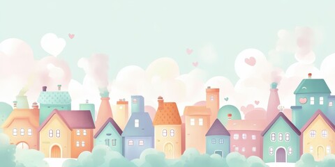Watercolor houses with hearts and smoke against a soft sky