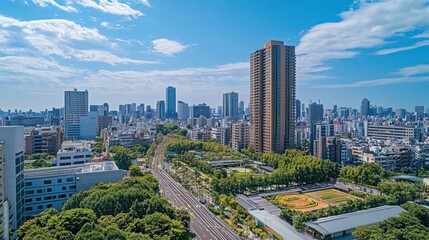 Obraz premium Cityscape Embraces Green Spaces and Modern Architecture Under Blue Sky with Urban Harmony.