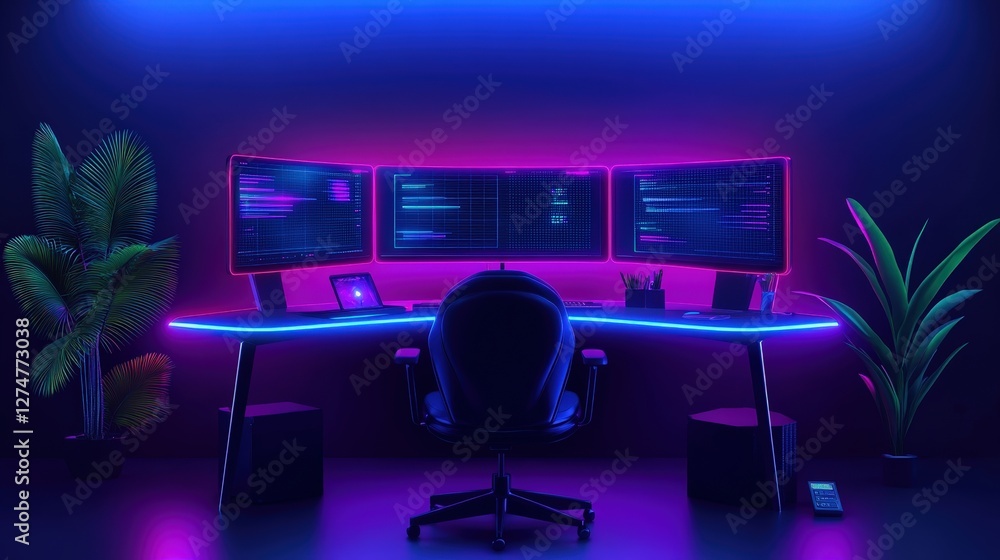 Poster a sleek gaming setup featuring multiple monitors illuminated with vibrant neon lights. the ergonomic