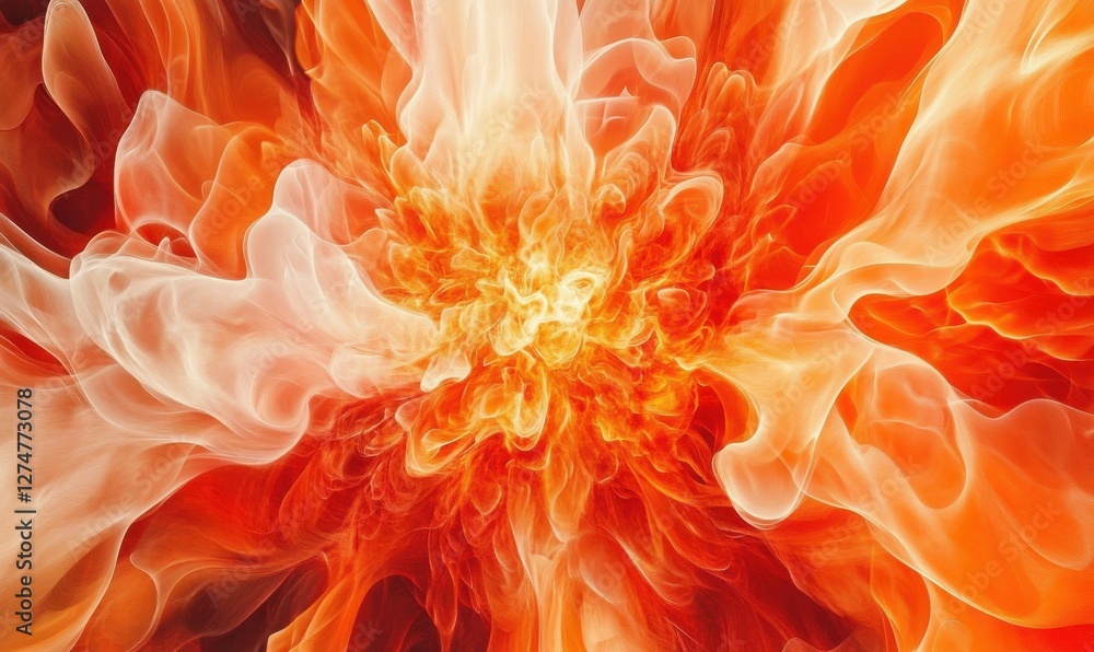 Poster abstract digital explosion of red and orange light, forming intricate geometric patterns.