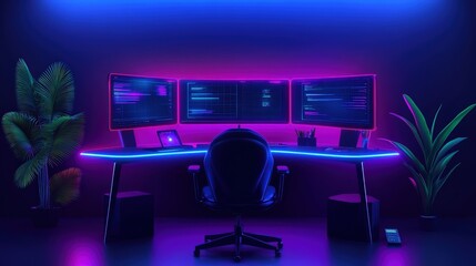 Naklejka premium A sleek gaming setup featuring multiple monitors illuminated with vibrant neon lights. The ergonomic chair complements the modern desk, creating an inviting and dynamic workspace.