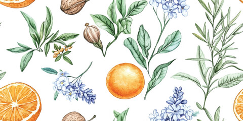 Citrus fruits seamless vector pattern with spices and herbs on white background, floral background in vintage style. Spring season decoration texture, drawing print © Eli Berr