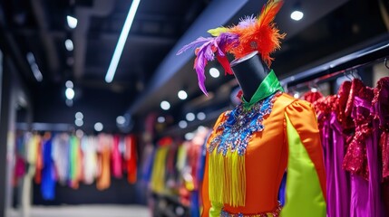 Obraz premium A vibrant carnival costume with intricate feathers is displayed on a mannequin, illuminated by dramatic lighting in a creative setting