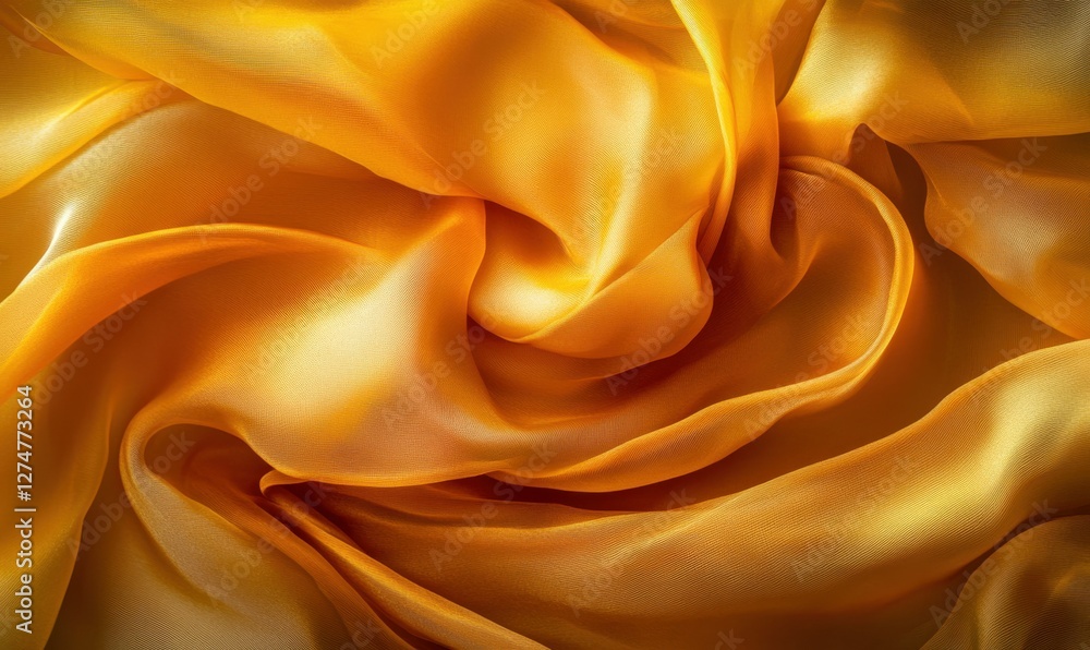 Poster abstract pattern of flowing silk fabric in vibrant gold tones, soft glowing reflections adding depth