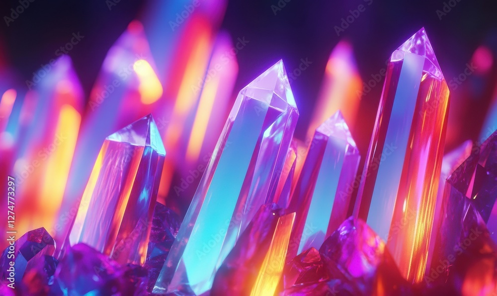 Poster abstract rendering of colorful crystals glowing under soft neon light, futuristic and elegant design