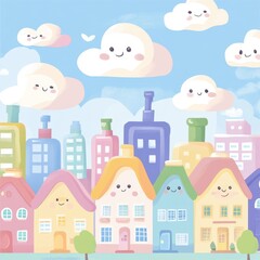 Cheerful cartoon cityscape with smiling clouds and happy houses