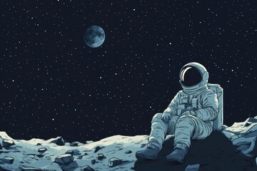 Obraz premium Cartoon astronaut sits on the moon looking at stars