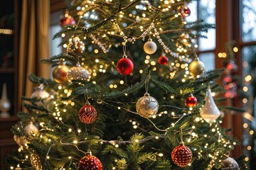 Vibrant Christmas Tree Adorned with Beautiful Ornaments and Sparkling Lights