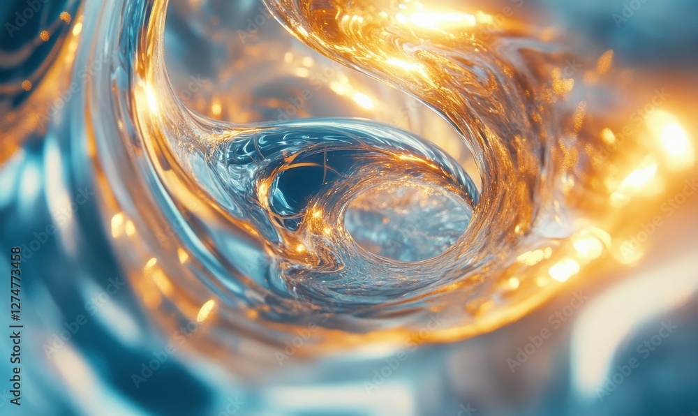 Poster abstract swirling metallic liquid forming dynamic shapes, soft glowing reflections adding depth, fut