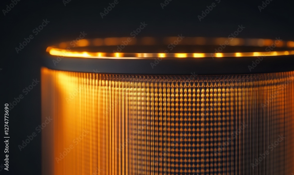 Poster air filter illuminated with golden light, capturing fine particles and showcasing its efficiency in 